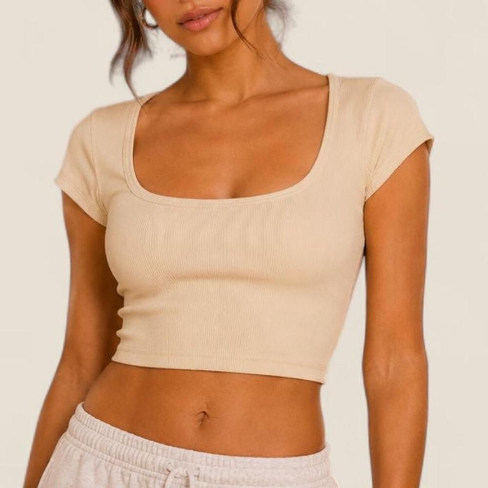 Outdoor Voices SuperForm cream ribbed square neck crop workout lounge small